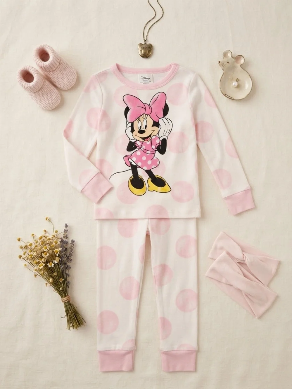 Disney Minnie Mouse Pink and Yellow Polka Dot Pajama Set